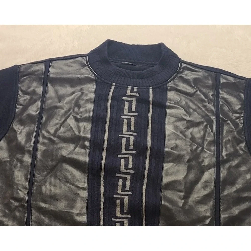 Bagazio Men's Navy Blue Faux Leather Mixed Media Greek Key Knit Sweater Size L